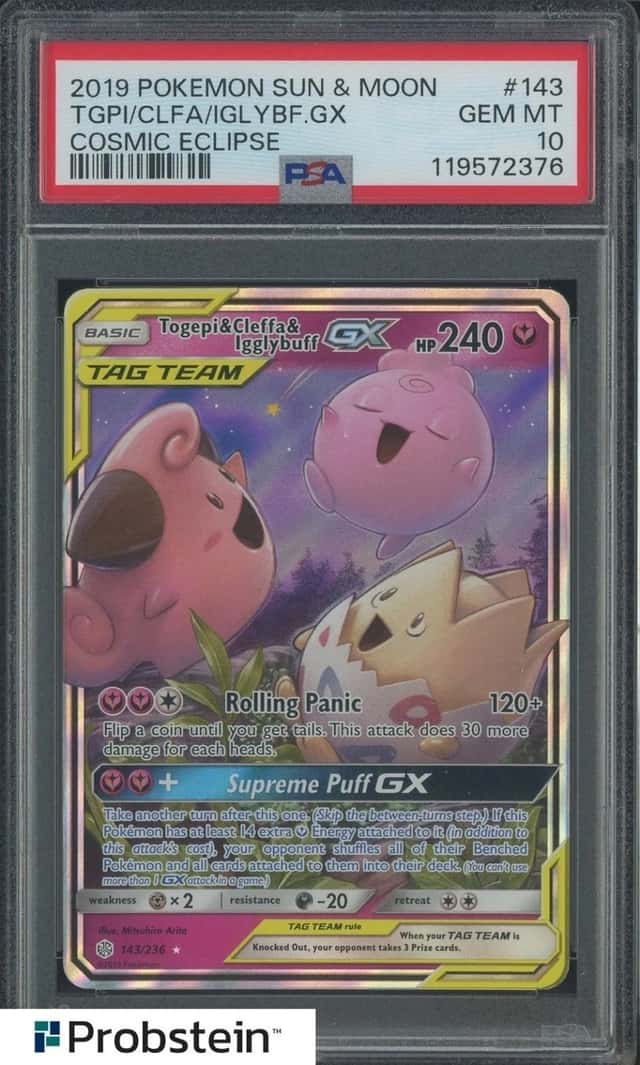 2019 POKEMON COSMIC ECLIPSE #143 TOGEPI & CLEFFA & IGGLYBUFF GX PSA 10 Gem Mint