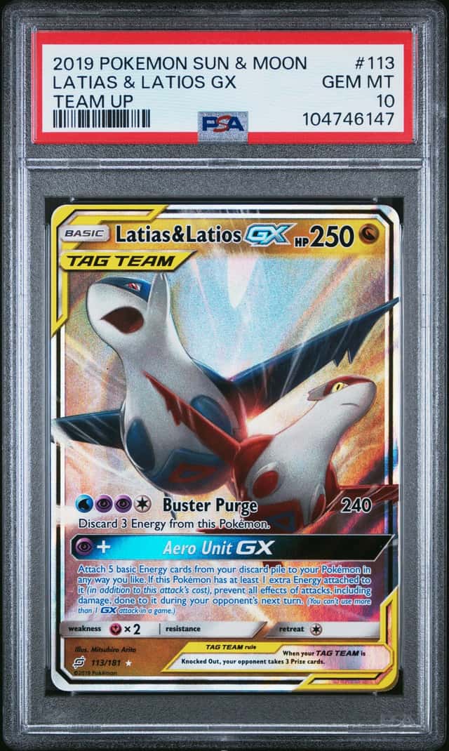 2019 POKEMON SUN & MOON TEAM UP #113 LATIAS & LATIOS GX PSA 10