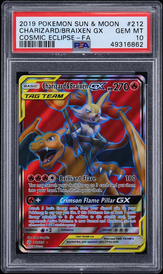 2019 Pokemon Sun & Moon Cosmic Eclipse Full Art Charizard & Braixen GX #212 PSA 10 GEM MINT