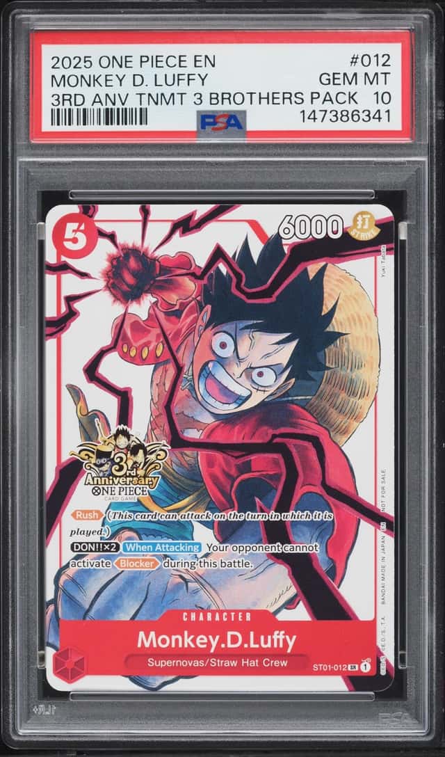 2025 One Piece Promo 3rd Anniversary Tournament 3 Brothers Alt Art SR Monkey D. Luffy PSA 10