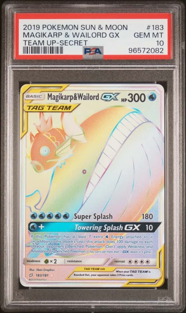 2019 POKEMON SUN & MOON TEAM UP SECRET FULL ART/MAGIKARP & WAILORD GX PSA 10