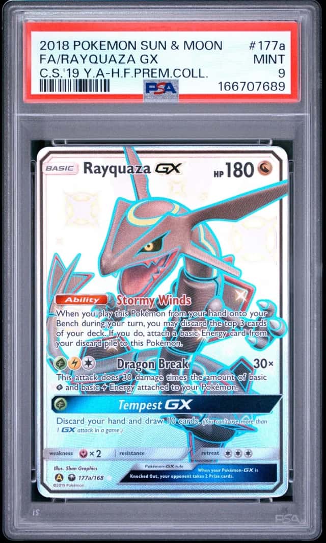 2018 POKEMON SUN & MOON CELESTIAL STORM #177A FULL ART/RAYQUAZA GX PSA 9