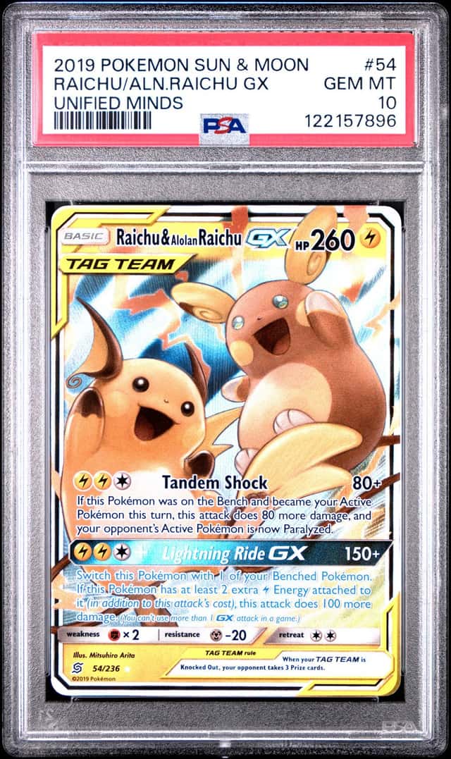 7896 Raichu & Alolan Raichu GX 2019 Pokemon Sun Moon Unified Minds #54 PSA 10
