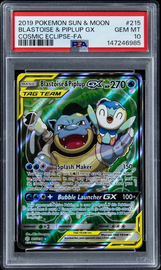 2019 Pokemon Sun & Moon Cosmic Eclipse Full Art #215 Blastoise & Piplup GX - PSA GEM MT 10