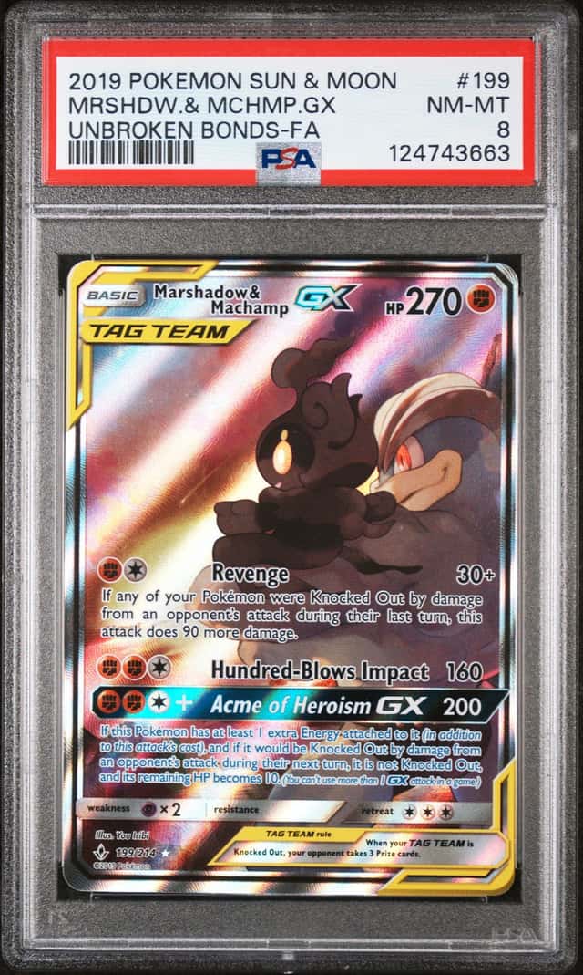 POKEMON MARSHADOW.& MACHAMP.GX 2019 SUN & MOON UNBROKEN BONDS #199 PSA 8