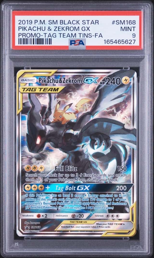 2019 POKEMON SM TAG TEAM TINS PROMO #SM168 FULL ART/PIKACHU & ZEKROM GX PSA 9