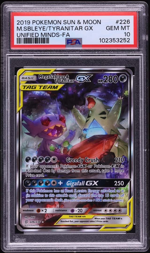 2019 Pokemon Sun & Moon Unified Minds Full Art Mega Sableye & Tyranitar GX #226 PSA 10 GEM MINT