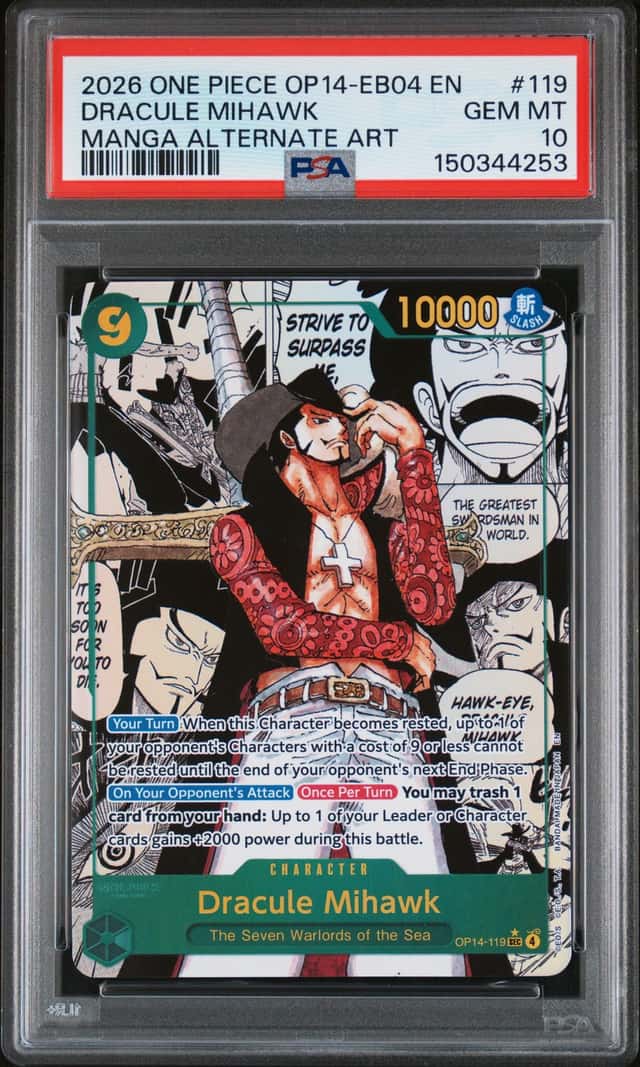 2026 One Piece Dracule Mihawk Secret Rare Manga Alt Art #OP14-119 PSA 10