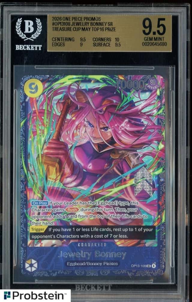 2026 One Piece Promos OP13108 Jewelry Bonney Treasure Cup Top 16 Prize BGS 9.5