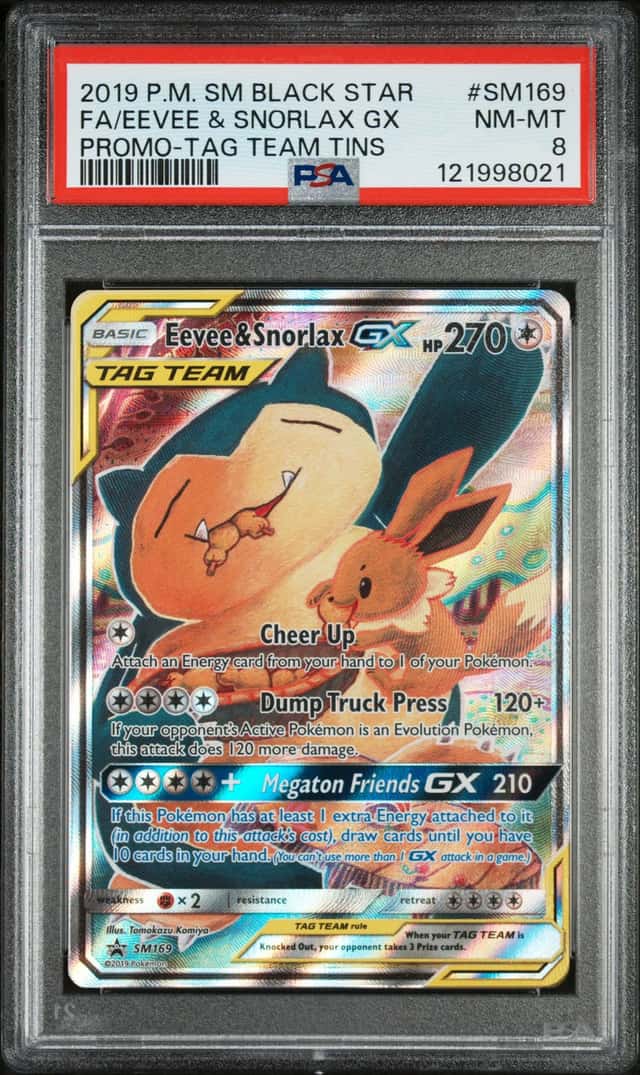 2019 POKEMON SM BS PROMO TAG TEAM TINS #SM169 EEVEE & SNORLAX TAG TEAM PSA 8