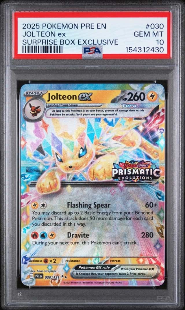 2025 POKEMON PRISMATIC EVOLUTIONS SURPRISE BOX EXCLUSIVE #030 JOLTEON EX PSA 10
