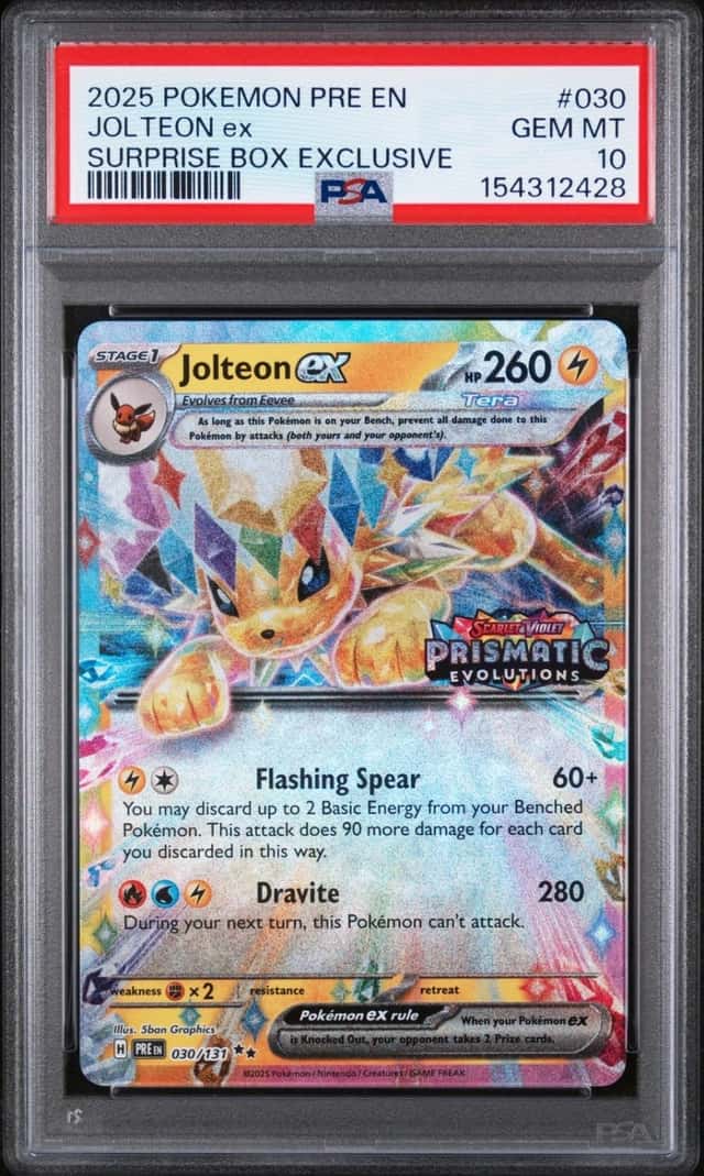 2025 POKEMON PRISMATIC EVOLUTIONS SURPRISE BOX EXCLUSIVE #030 JOLTEON EX PSA 10