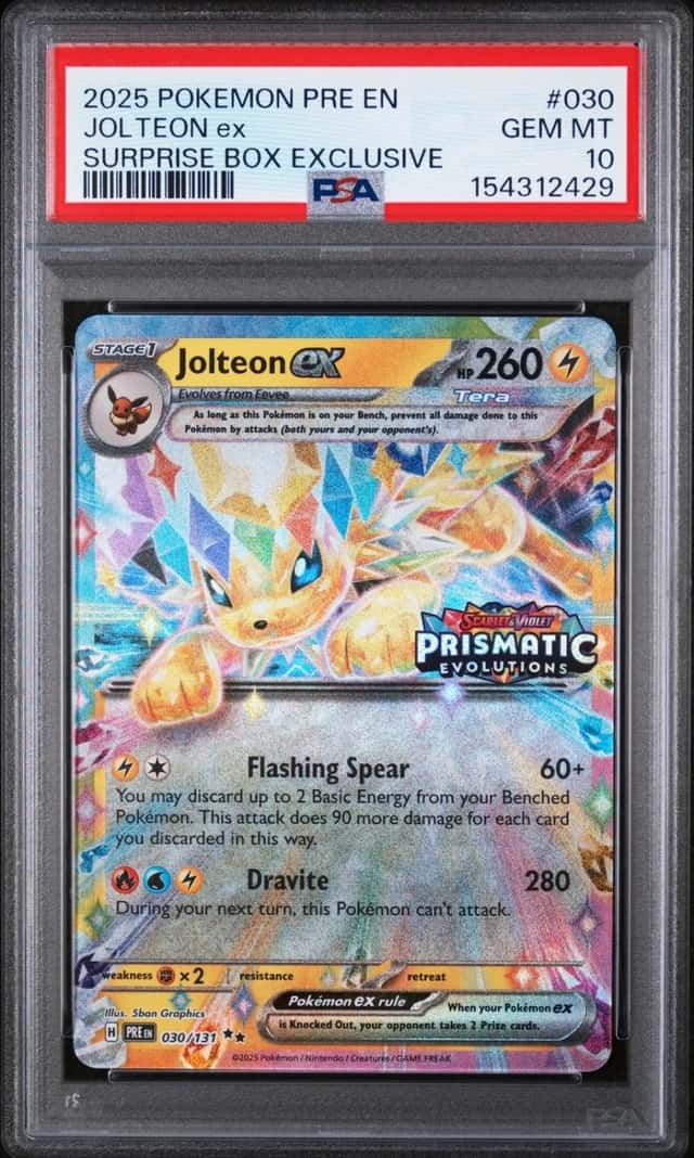 2025 POKEMON PRISMATIC EVOLUTIONS SURPRISE BOX EXCLUSIVE #030 JOLTEON EX PSA 10