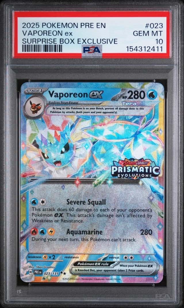 2025 POKEMON PRISMATIC EVOLUTIONS SURPRISE BOX EXCLUSIVE #023 VAPOREON EX PSA 10