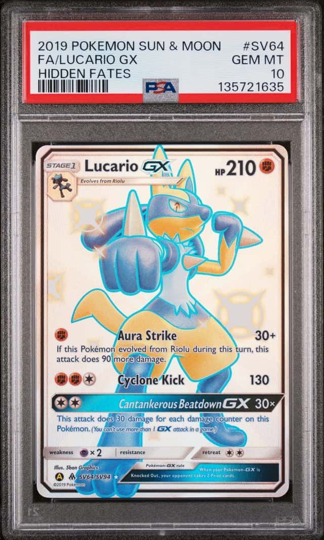 2019 Pokemon SM Hidden Fates Lucario GX FULL ART #SV64/SV94 PSA 10 BC