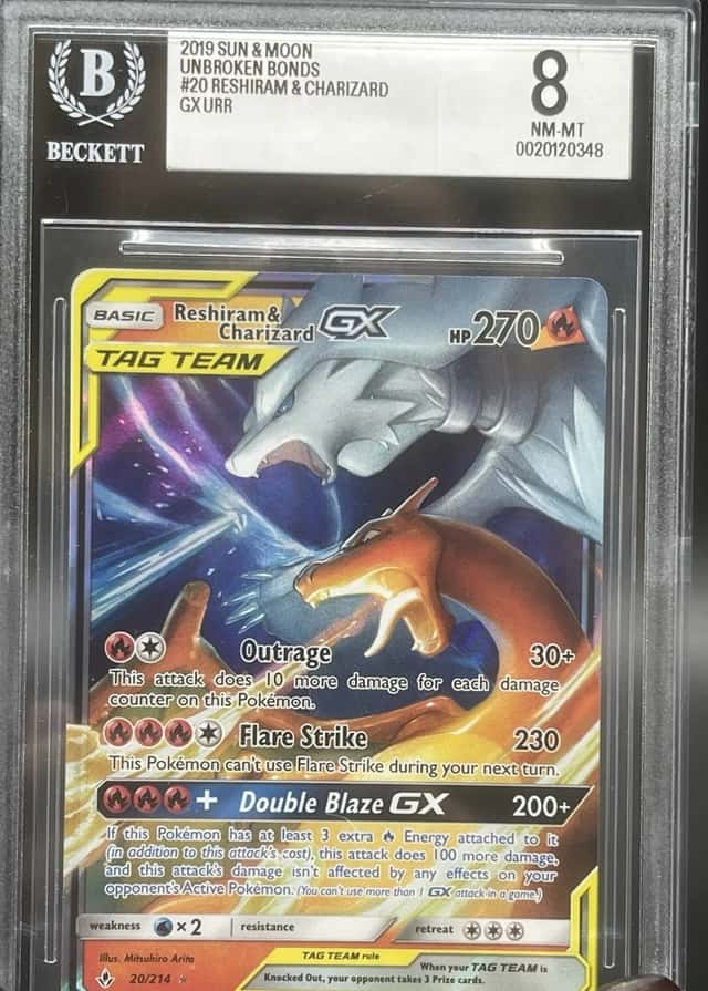 2019 Pokémon TCG Reshiram & Charizard GX 20/214 Unbroken Bonds UR Holo BGS 8