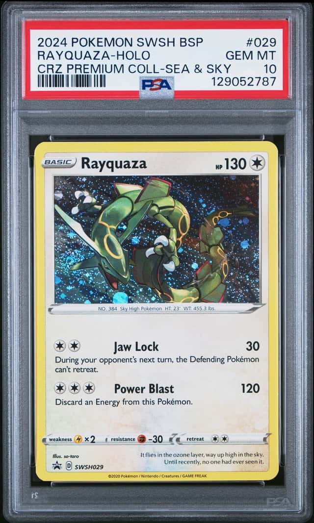 2024 POKEMON RAYQUAZA SWSH029 BLACK STAR PROMO SEA & SKY COSMO HOLO PSA 10💥💥💥