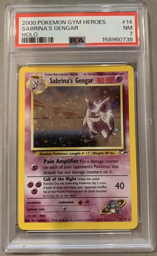 SABRINA'S GENGAR 2000 POKEMON GYM HEROES HOLO #14/132 PSA 7 - SWIRL TOP LEFT