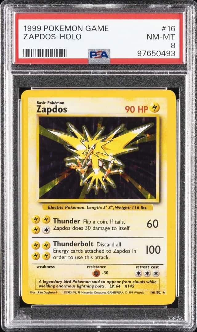 1999 POKEMON BASE SET UNLIMITED #16 ZAPDOS-HOLO PSA 8