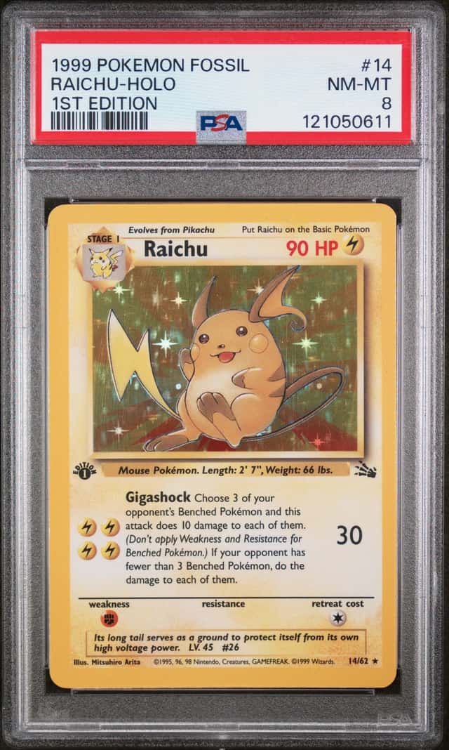 1999 POKEMON FOSSIL 1ST EDITION #14/62 RAICHU HOLO RARE PSA 8