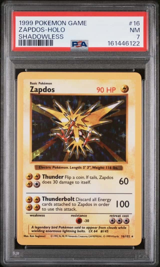 1999 POKEMON BASE SET SHADOWLESS #16 ZAPDOS-HOLO PSA 7
