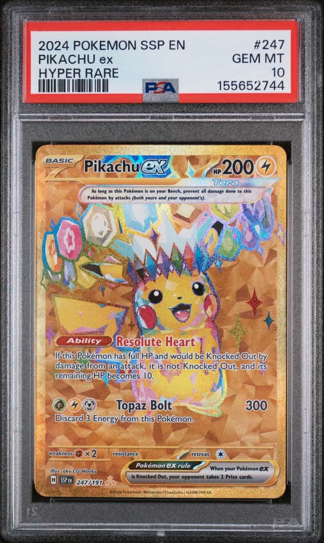 Pokemon 2024 Pikachu ex 247 Tera Gold Hyper Rare Surging Sparks GEM MINT PSA 10