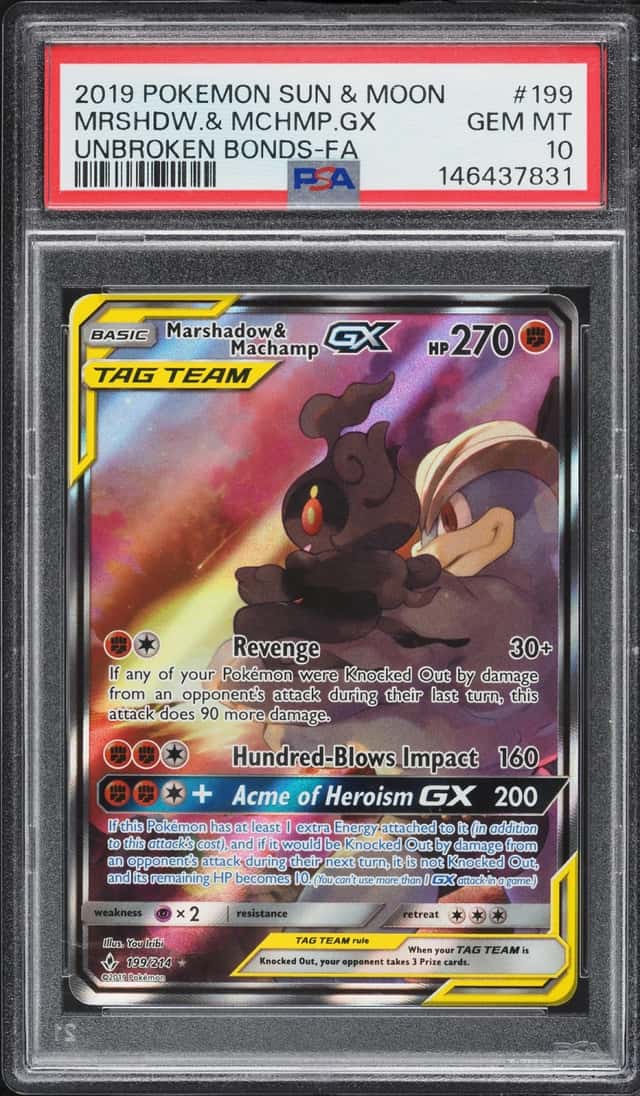 2019 Pokemon Sun & Moon Unbroken Bonds Full Art Marshadow & Machamp GX #199 PSA 10 GEM MINT