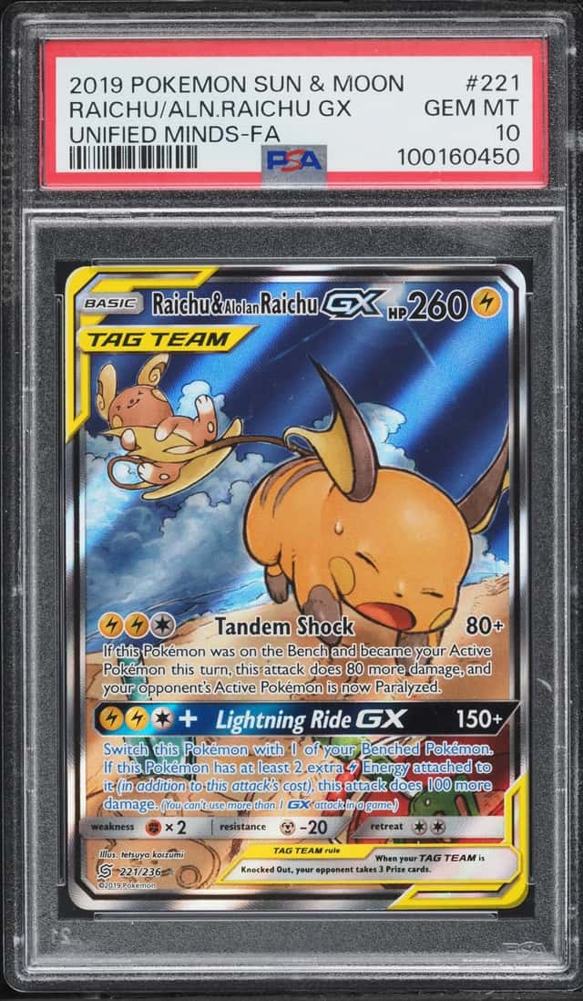 2019 Pokemon Sun & Moon Unified Minds Alt Art Raichu & Alolan Raichu GX #221 PSA 10 GEM MINT