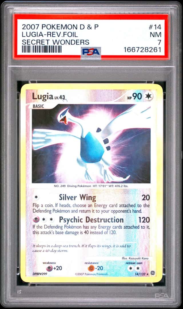 2007 POKEMON DIAMOND & PEARL SECRET WONDERS #14 LUGIA-REVERSE FOIL PSA 7
