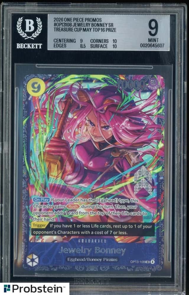 2026 One Piece Promos OP13108 Jewelry Bonney Treasure Cup Top 16 Prize BGS 9