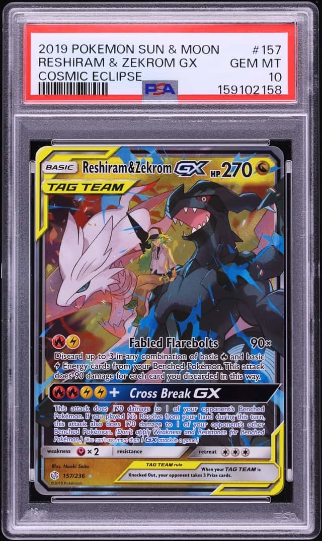 2019 Pokemon Sun & Moon Cosmic Eclipse Holo Reshiram & Zekrom GX #157 PSA 10 GEM MINT