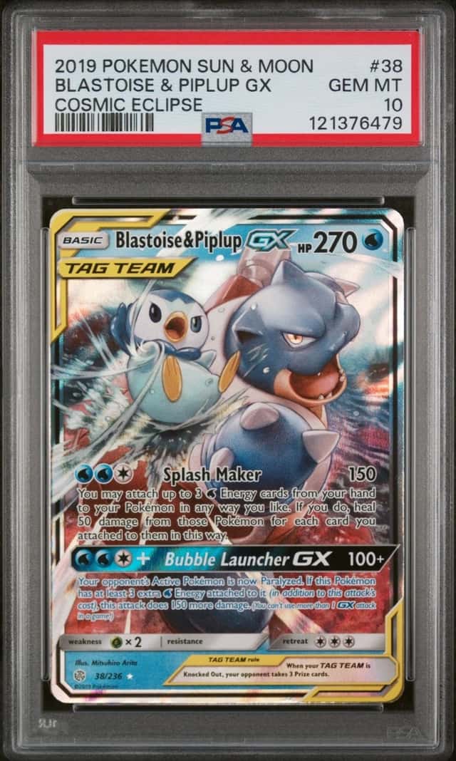 2019 POKEMON SUN & MOON COSMIC ECLIPSE #38 BLASTOISE & PIPLUP GX PSA 10