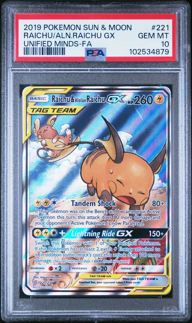 2019 Pokemon Sun & Moon Unified Minds #221 Raichu & Alolan Raichu GX PSA 10