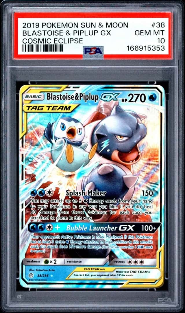 2019 POKEMON SUN & MOON COSMIC ECLIPSE #38 BLASTOISE & PIPLUP GX PSA 10