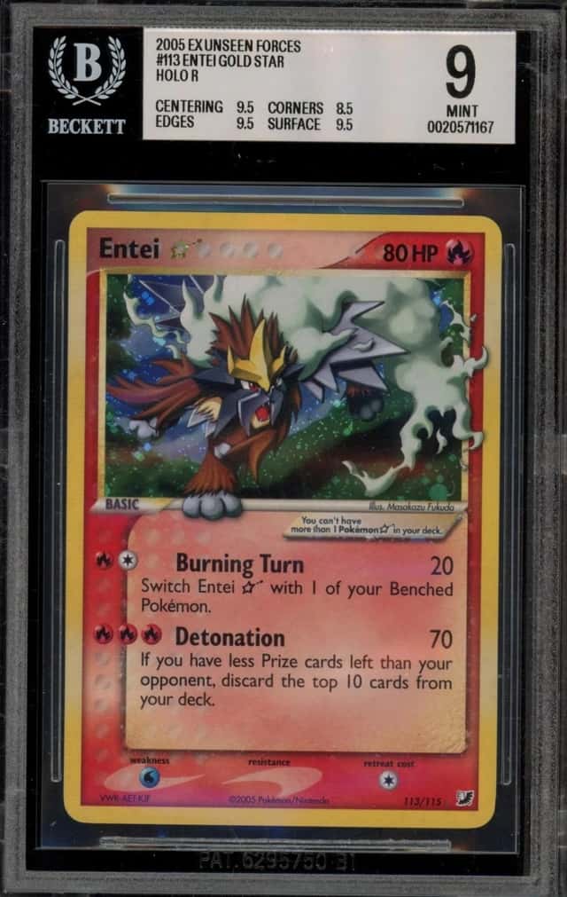 Pokemon Entei Gold Star Holo EX Unseen Forces 113 BGS 9 Mint