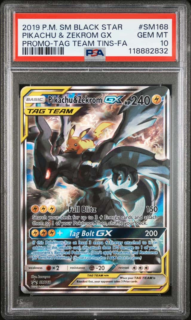 2019 Pokemon SM BSP Tag Team Tins #SM168 FA Pikachu & Zekrom GX PSA 10 GEM MINT