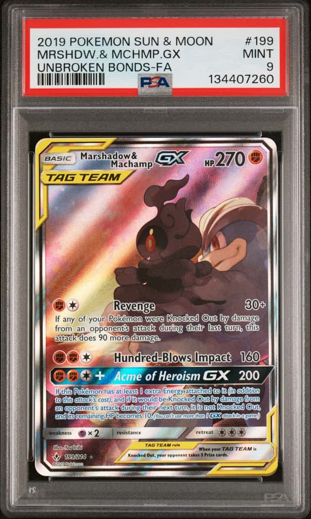 2019 POKEMON SUN & MOON UNBROKEN BONDS FULL ART/MARSHADOW & MACHAMP GX PSA 9