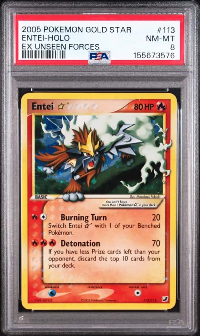 Pokemon Entei Gold Star Holo EX Unseen Forces 113/115 PSA 8