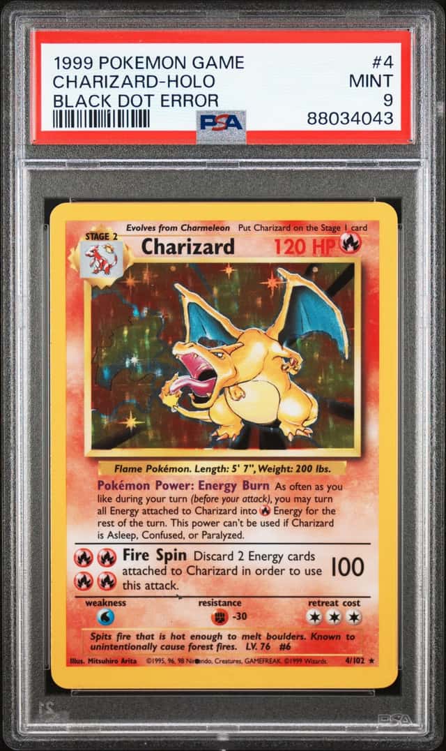 1999 Pokemon Base Set Holo #4 Charizard, Black Dot Error - PSA MINT 9
