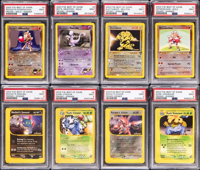 2003 Pokemon Best of Game Promo Stamp Winner PSA MINT 9 Near Set (8/9) - Featuring Rocket's Mewtwo, Rocket's Hitmonchan, Electabuzz Holo Cards