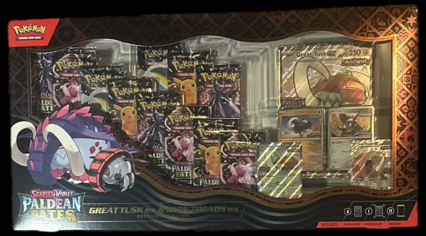Paldean Fates Great Tusk & Iron Treads Premium Collection Lucario & Tyranitar Premium Collection collection box