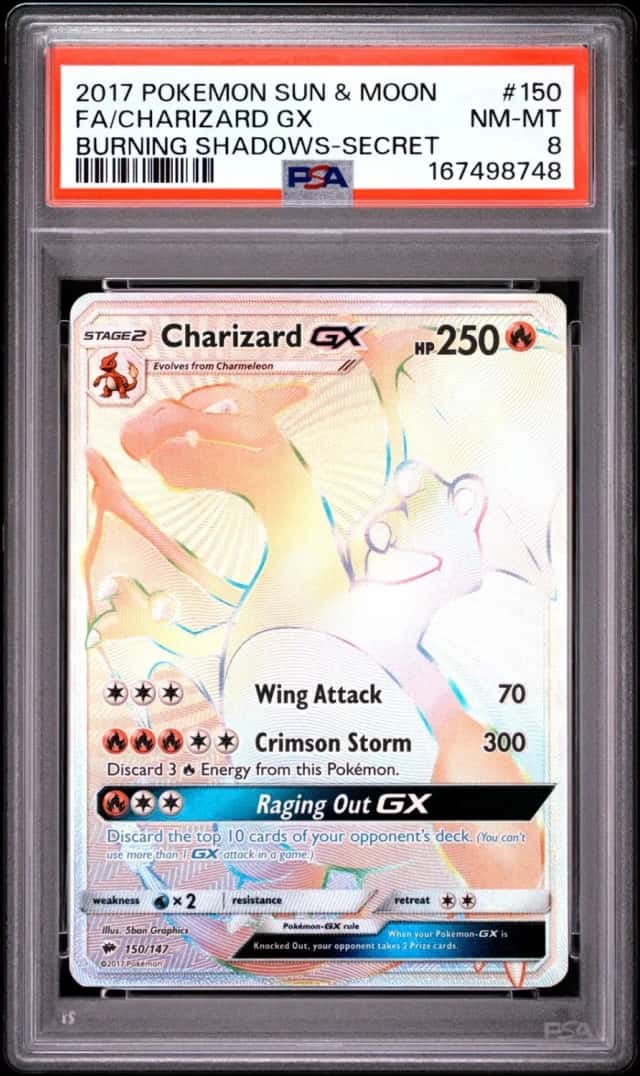 2017 POKEMON SUN & MOON BURNING SHADOWS SECRET #150 FULL ART/CHARIZARD GX PSA 8