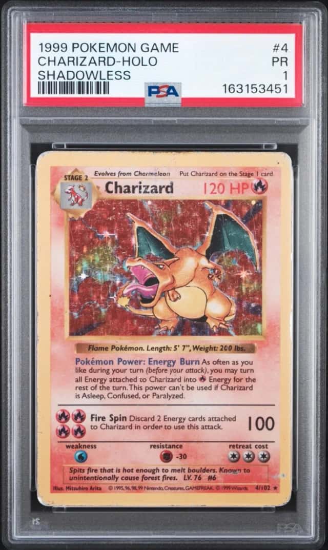 1999 POKEMON BASE SET SHADOWLESS #4 CHARIZARD-HOLO PSA 1