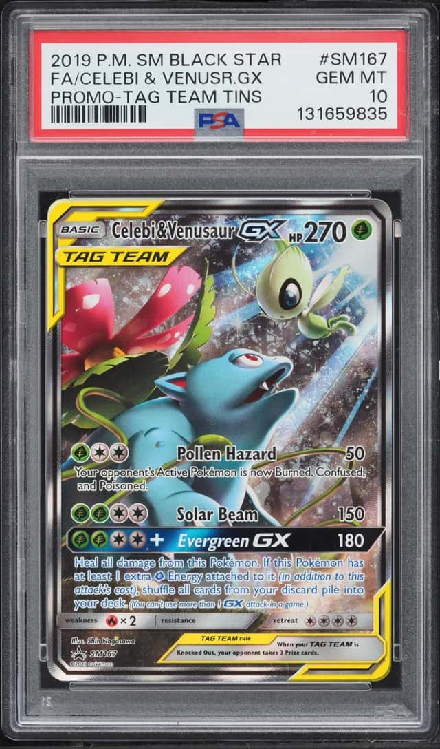 2019 Pokemon Sun & Moon Promo Tag Team Tin Full Art Celebi & Venusaur GX #SM167 PSA 10 GEM MINT