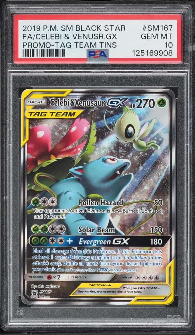 2019 Pokemon Sun & Moon Promo Tag Team Tin Full Art Celebi & Venusaur GX #SM167 PSA 10 GEM MINT