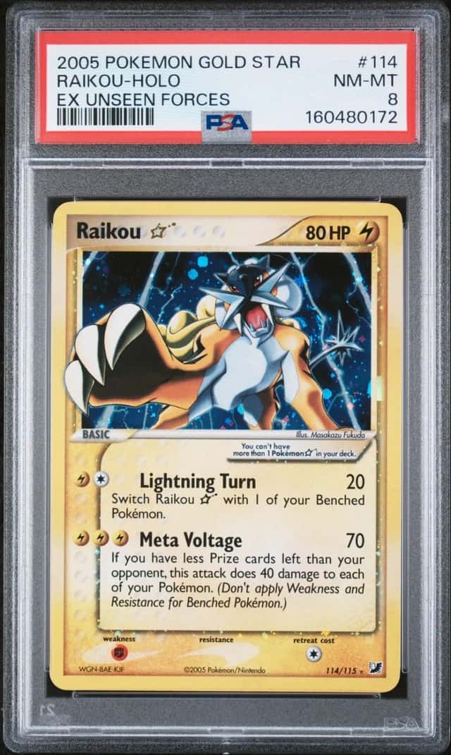 Pokemon Raikou Gold Star Holo EX Unseen Forces 114/115 PSA 8