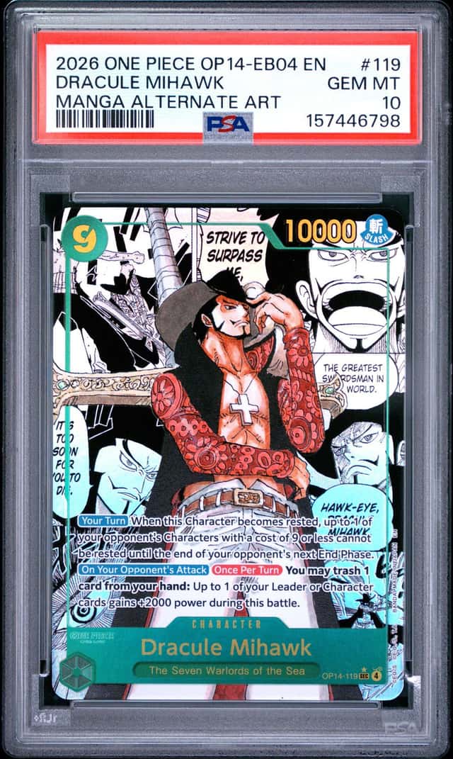 2026 One Piece The Azure Sea's Seven SEC Manga Art Dracule Mihawk #OP14-119 PSA 10 GEM MINT