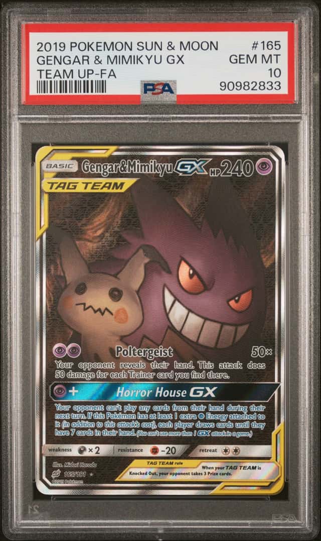 2019 POKEMON SUN & MOON TEAM UP FULL ART GENGAR & MIMIKYU GX #165 PSA 10 GEM