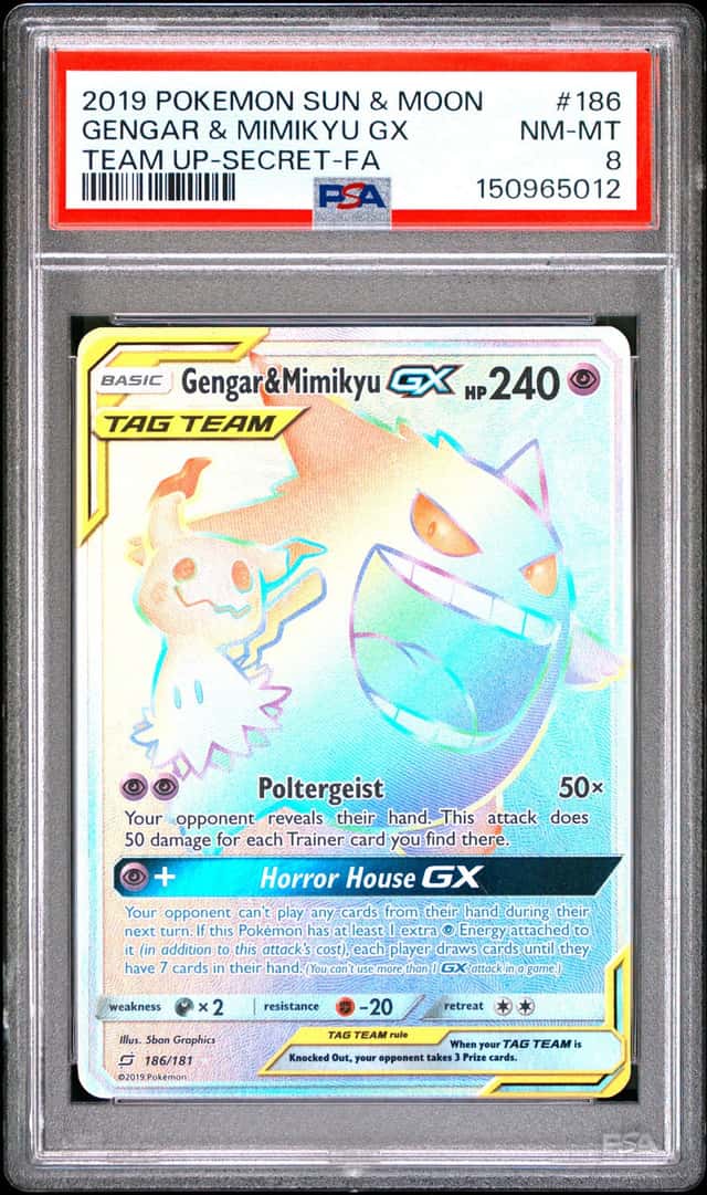 2019 POKEMON SUN & MOON TEAM UP SECRET #186 FULL ART/GENGAR & MIMIKYU GX PSA 8