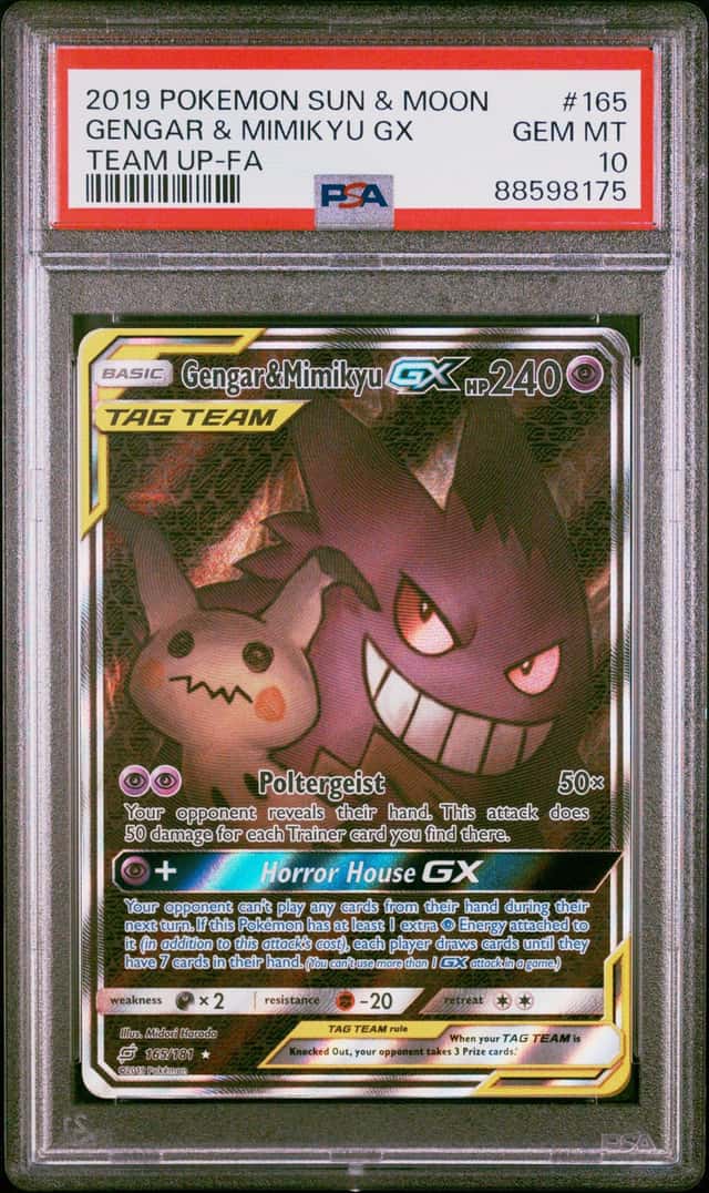 2019 POKEMON SUN & MOON TEAM UP #165 FULL ART/GENGAR & MIMIKYU GX PSA 10